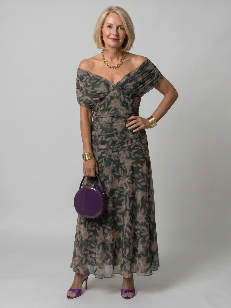 Floral Print Off Shoulder Twist Front Ruched Maxi Dress