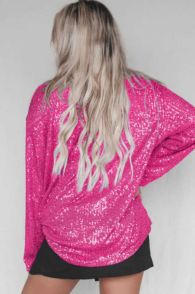 Sequin Collared V-Neck Long Sleeve Oversized Button Front Shirt 7
