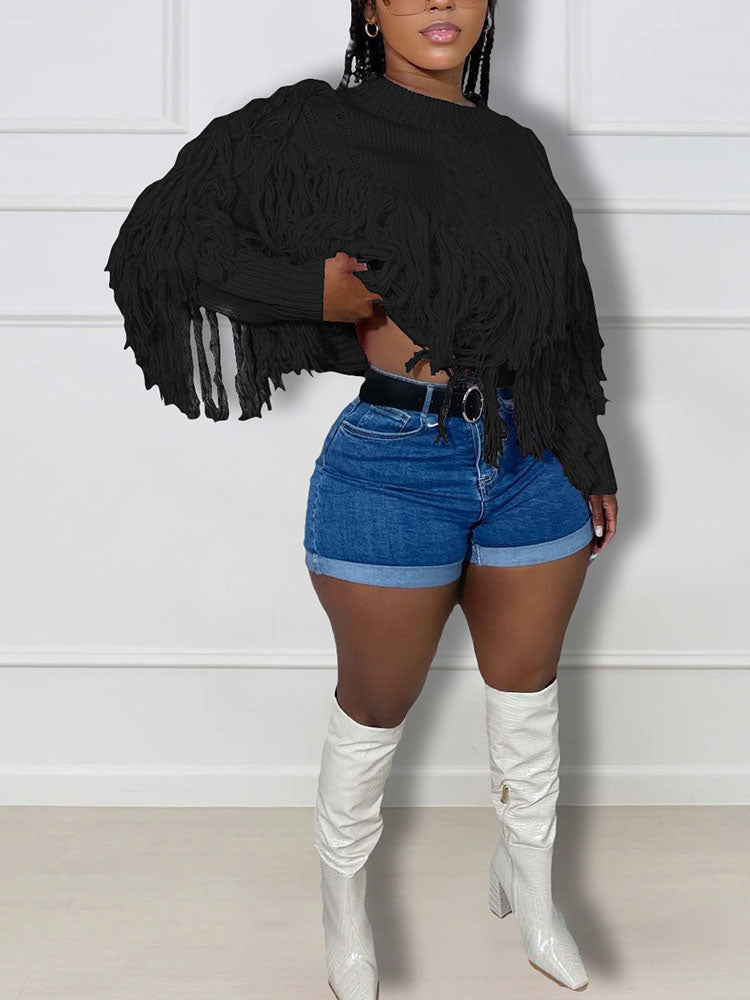Crew Neck Long Sleeve Fringe Trim Cable Knit Sweater 13