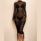 Crewneck long sleeve drawstring sheer mesh see through 2-way midi dress 2
