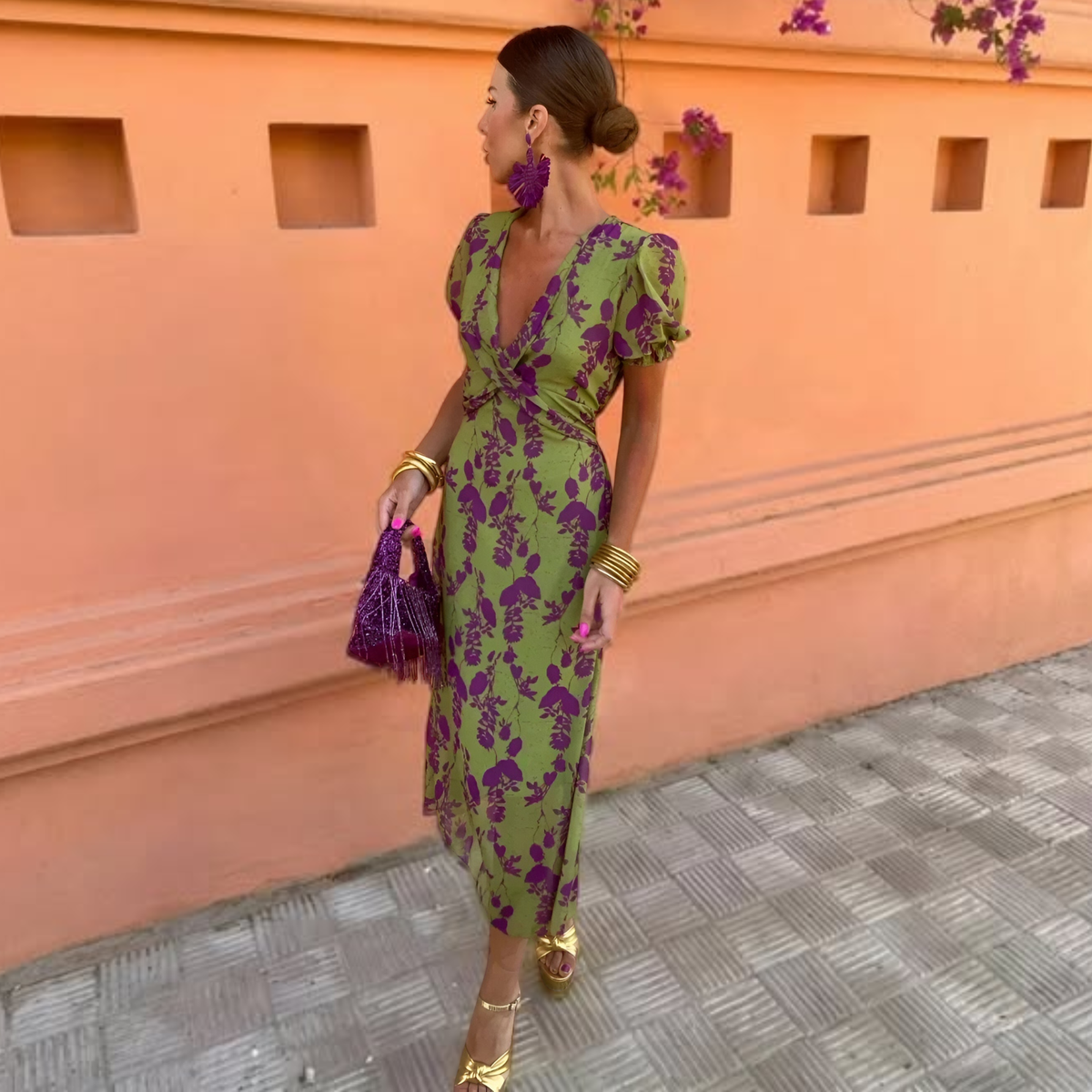 Floral Print V-Neck Puff Sleeve Wrap Midi Dress