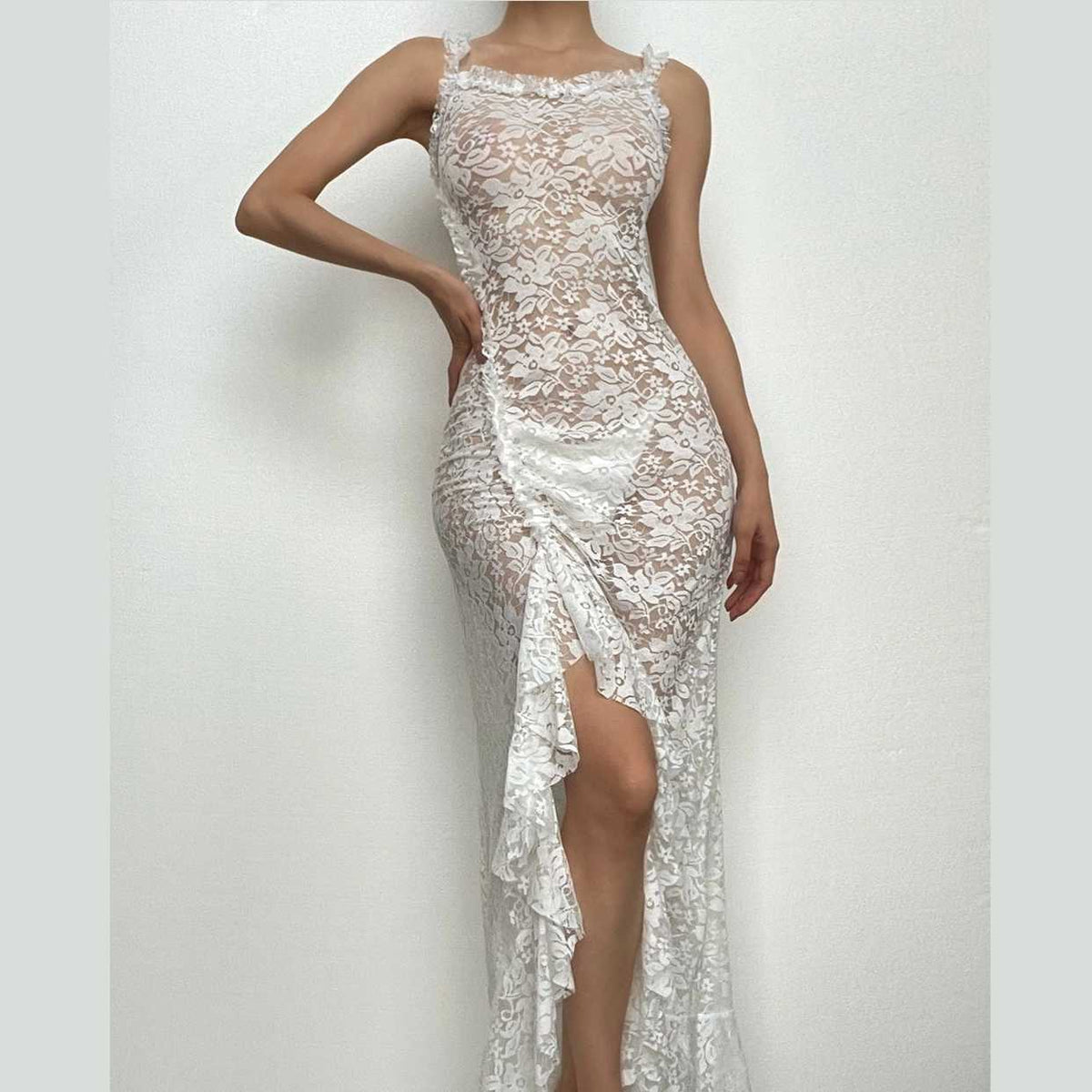 Sheer Floral Lace Square Neck Ruffle Trim High Split Maxi Dress
