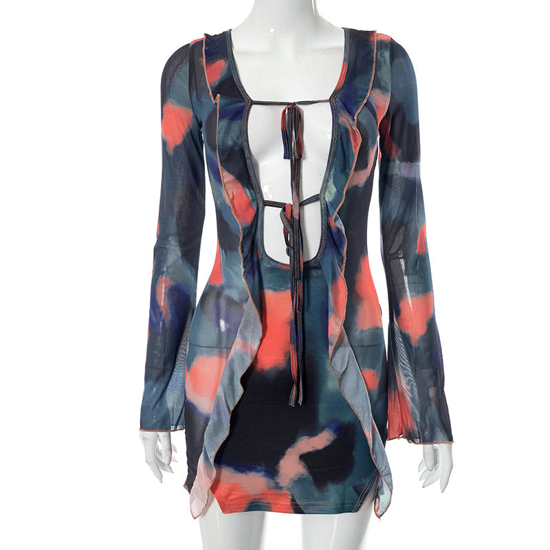 Long sleeve contrast print self tie ruffle mini dress