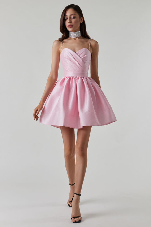Rhinestone Spaghetti Strap Sweetheart Pleated Fit and Flare Mini Dress