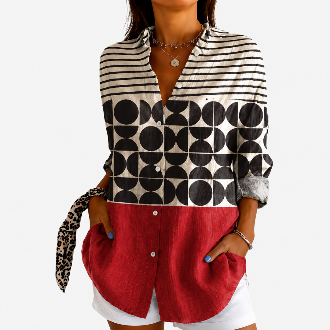Long Sleeve Geometric Print Button Front Tunic Blouse