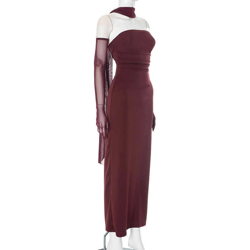 Hudson Maxi Dress With Stole And Gloves Maroon