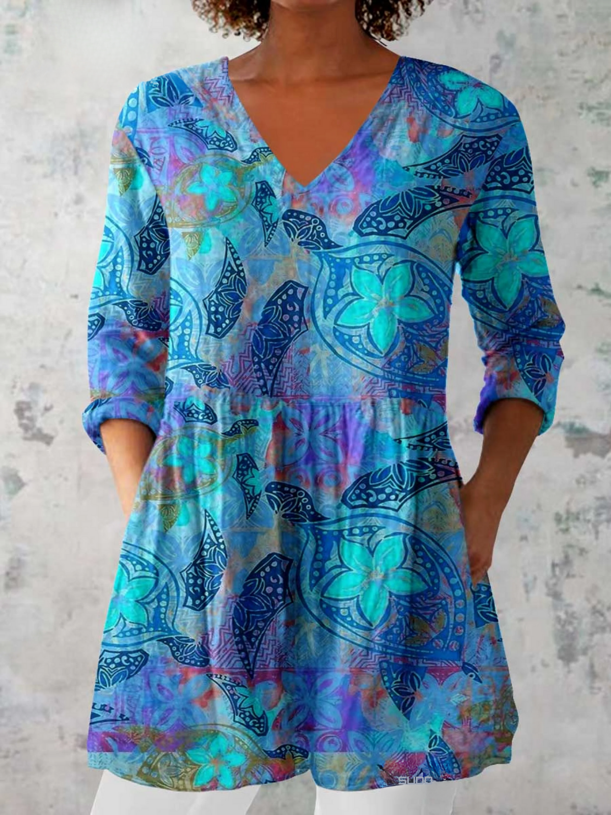 Turtle Floral Print V-Neck Long Sleeve Peplum Tunic Blouse