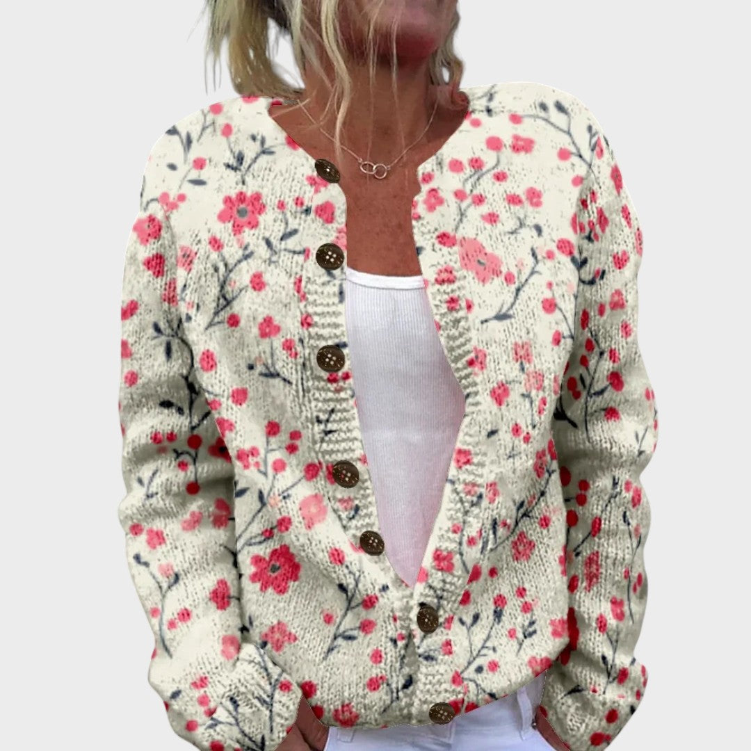 Floral Print Button Front Round Neck Knit Cardigan