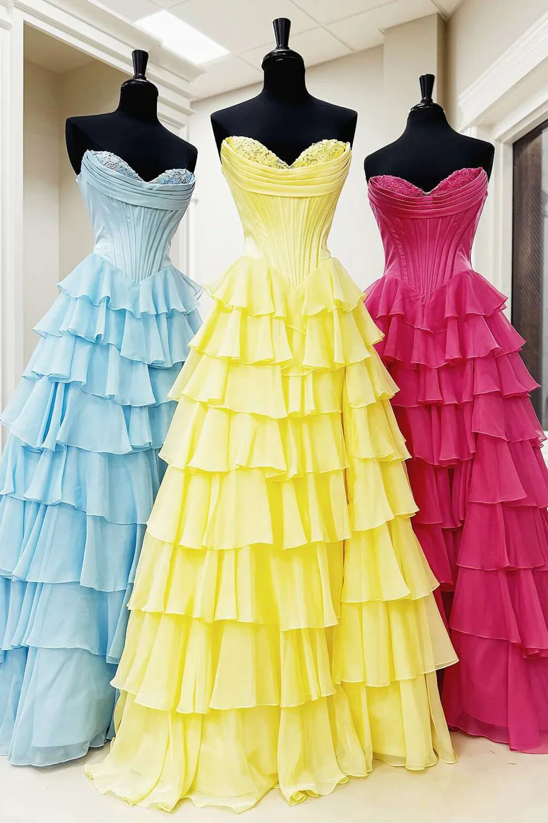Lovely Yellow A-Line Sweetheart Long Tiered Prom Dress with Slit