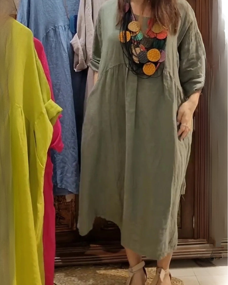 Linen Look Round Neck 3/4 Sleeve Loose Midi Dress