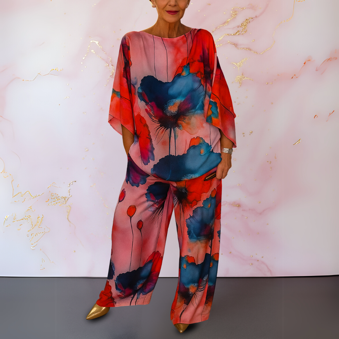 Watercolor Floral Batwing Top and Wide Leg Pants Two Piece Set