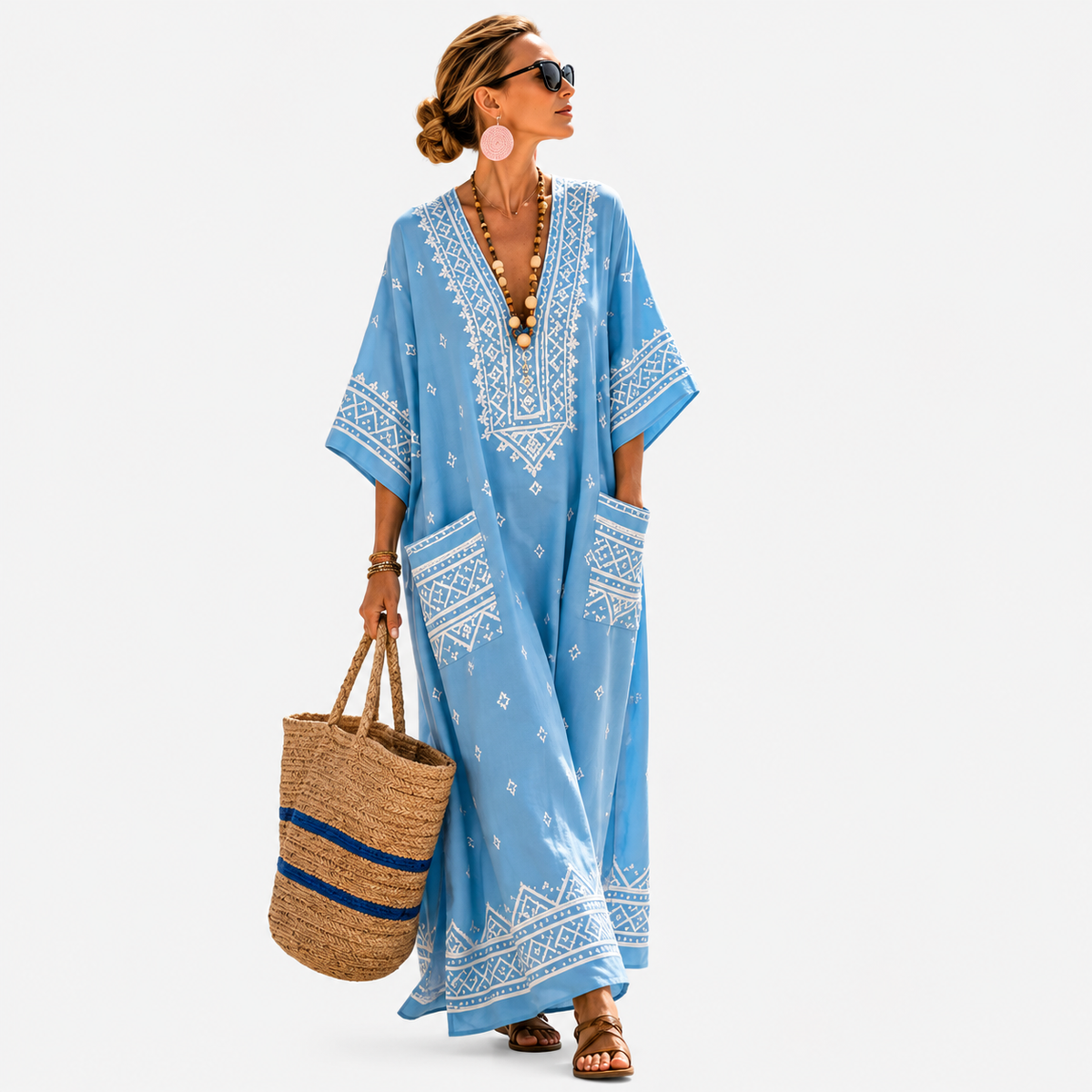 Embroidered Deep V-Neck Kaftan Maxi Beach Cover Up