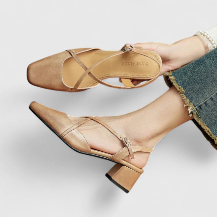 Square Toe Slingback Cross Strap Block Heel Pumps
