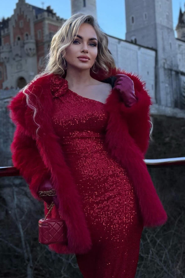 Sequin One Shoulder Long Sleeve Rosette Bodycon Midi Dress