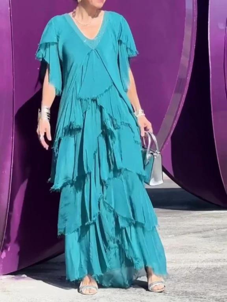 V-Neck Flutter Sleeve Tiered Ruffle Maxi Dress