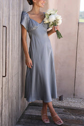 Satin Off Shoulder Puff Sleeve High Split Midi Dress 5