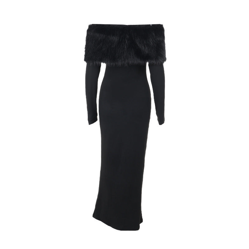 Onyx Fur Midi Dress Black