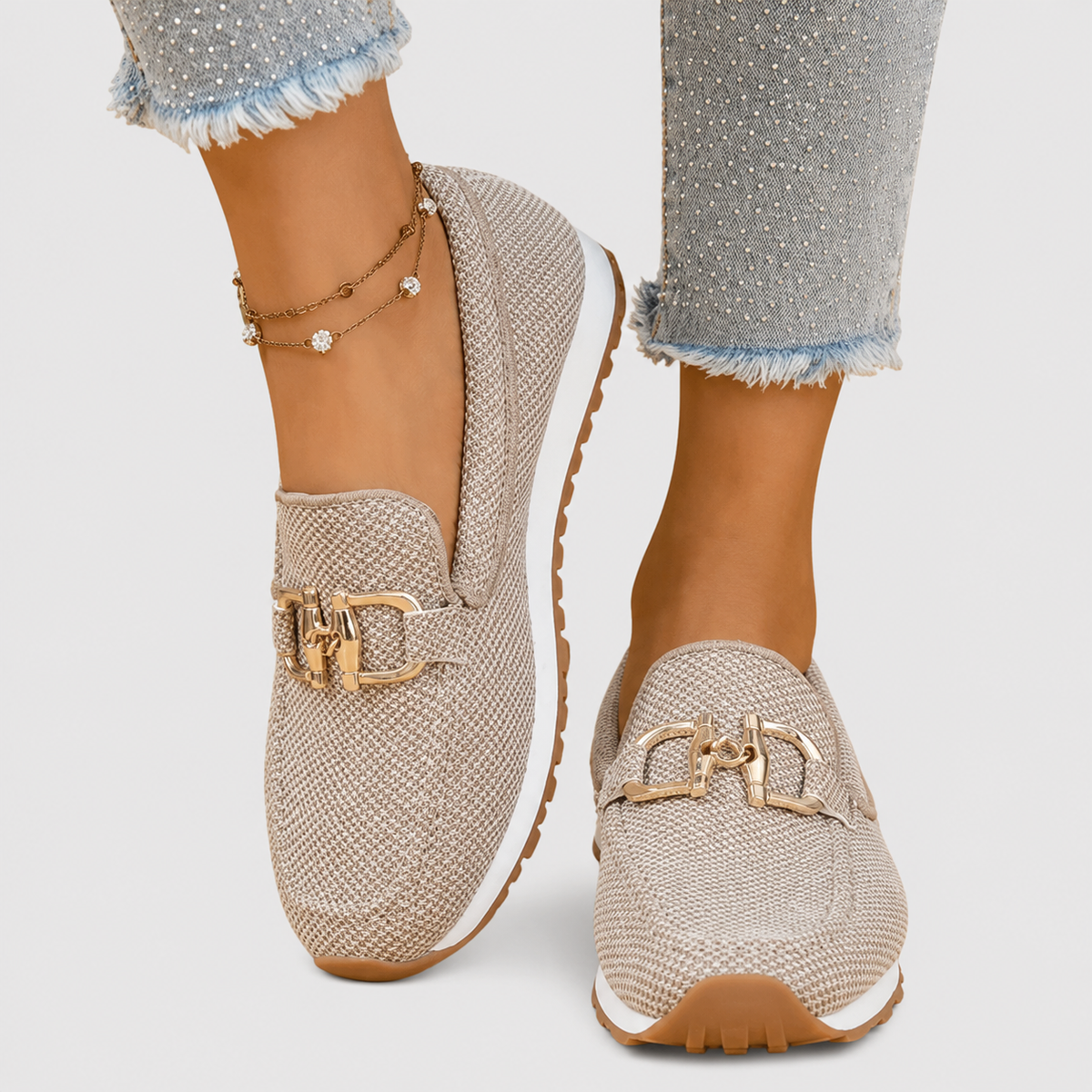 Metal Buckle Glitter Slip On Loafer Sneakers