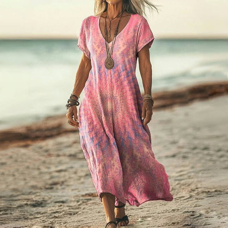 Tie Dye Print V-Neck Short Sleeve Loose Maxi Beach Dress