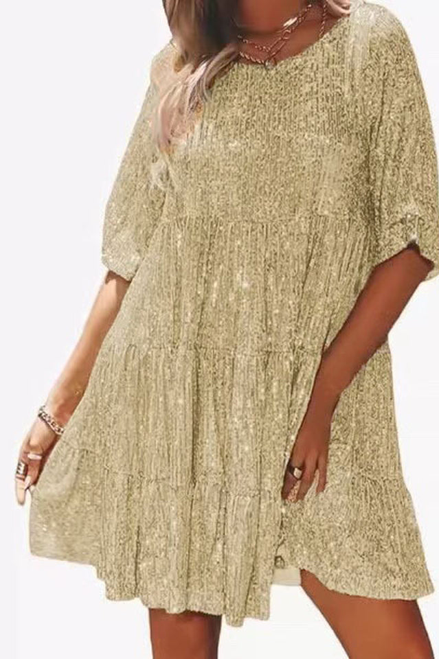 Sequin Tiered Ruffle Short Sleeve Crew Neck Babydoll Mini Party Dress