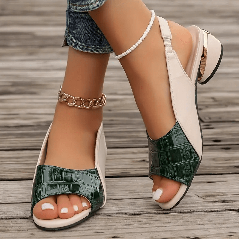 Open Toe Slingback Croc Embossed Block Heel Sandals