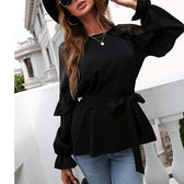 Front Lace Arm Flounce Cap Tie Blouse
