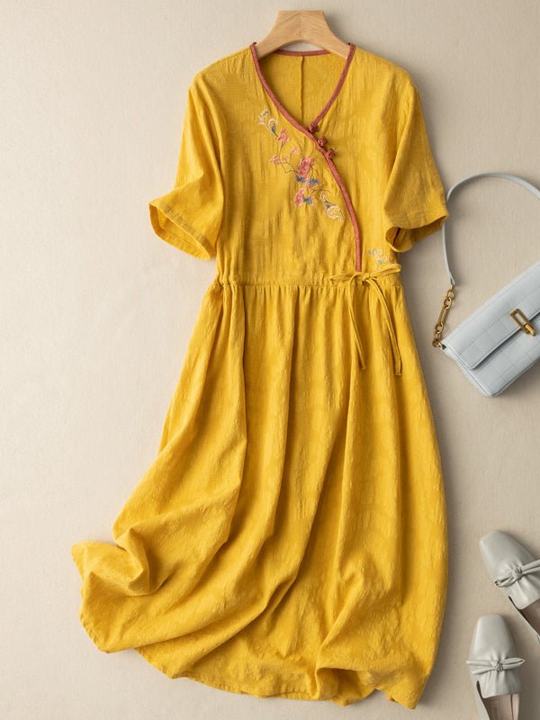 Floral Embroidery Frog Button Crossover V-Neck Tie Waist Midi Dress