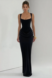 Solid Square Neck Ruched Panel Bodycon Party Dress