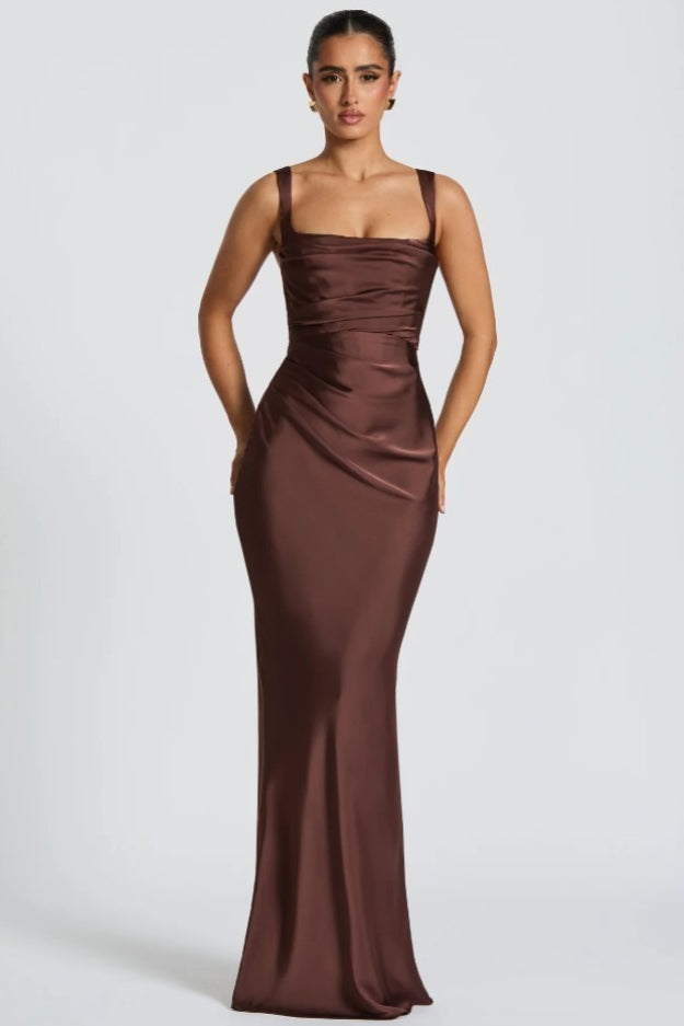 Square Neck Ruched Satin Bodycon Mermaid Dress