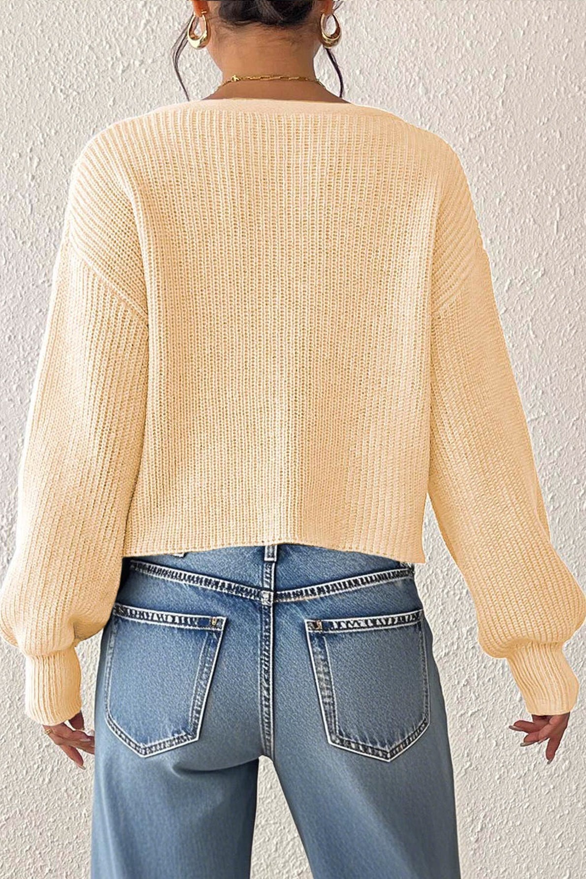V-Neck Crochet Flower Button Front Ribbed Knit Cropped Cardigan 33