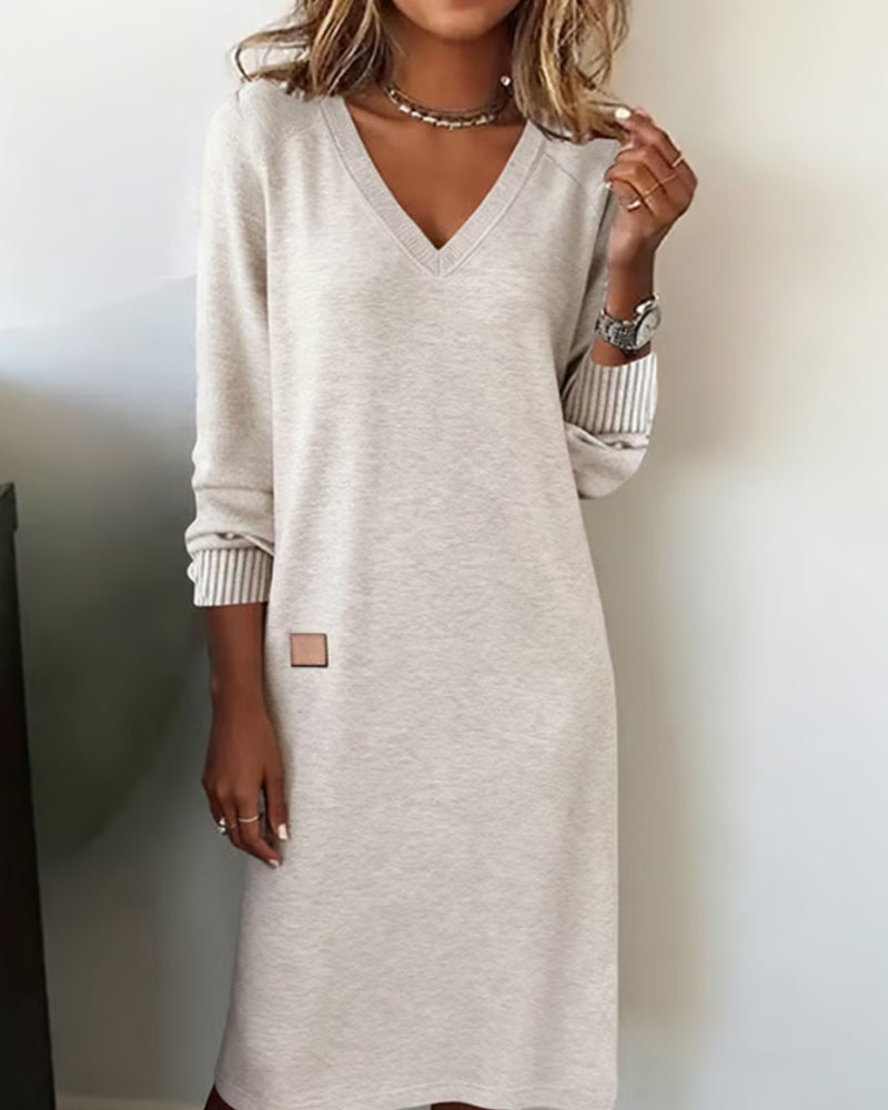 V-Neck Long Sleeve Ribbed Cuff Sweater Dress