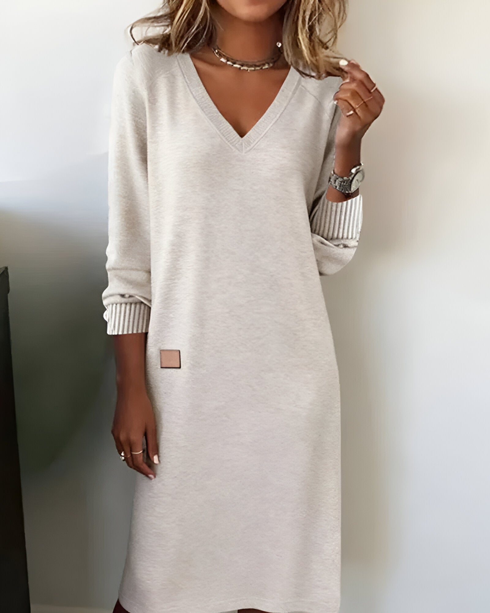 V-Neck Long Sleeve Knit Sweater Mini Dress