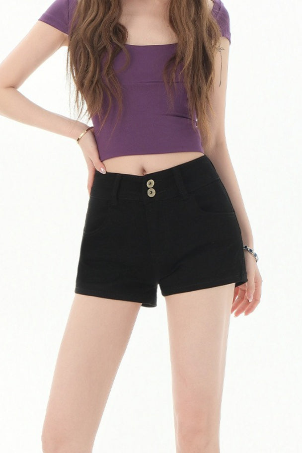 High Rise Curvy Fit Khaki Denim Shorts