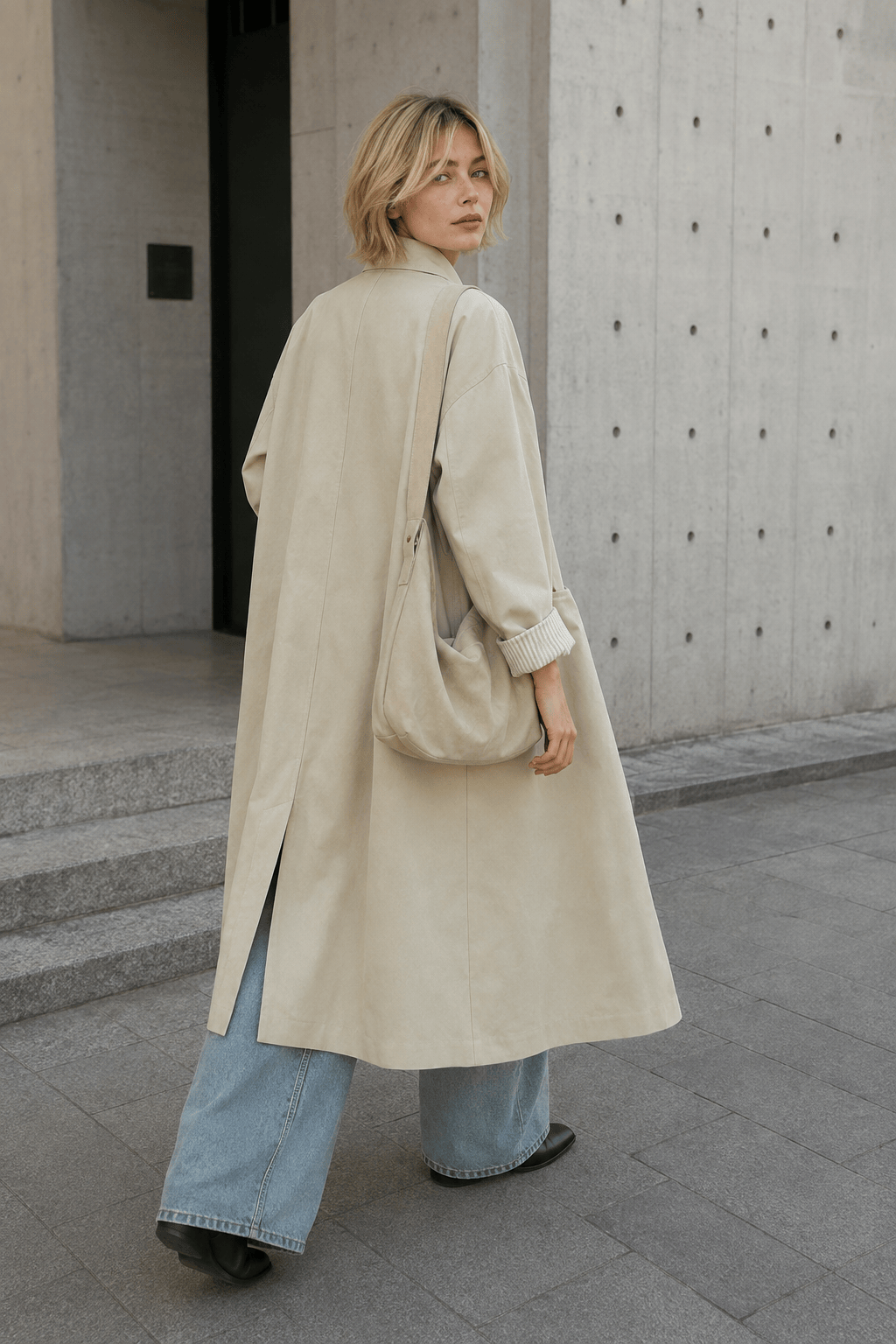 Stand Collar Button Front Contrast Cuff Oversized Longline Coat 4