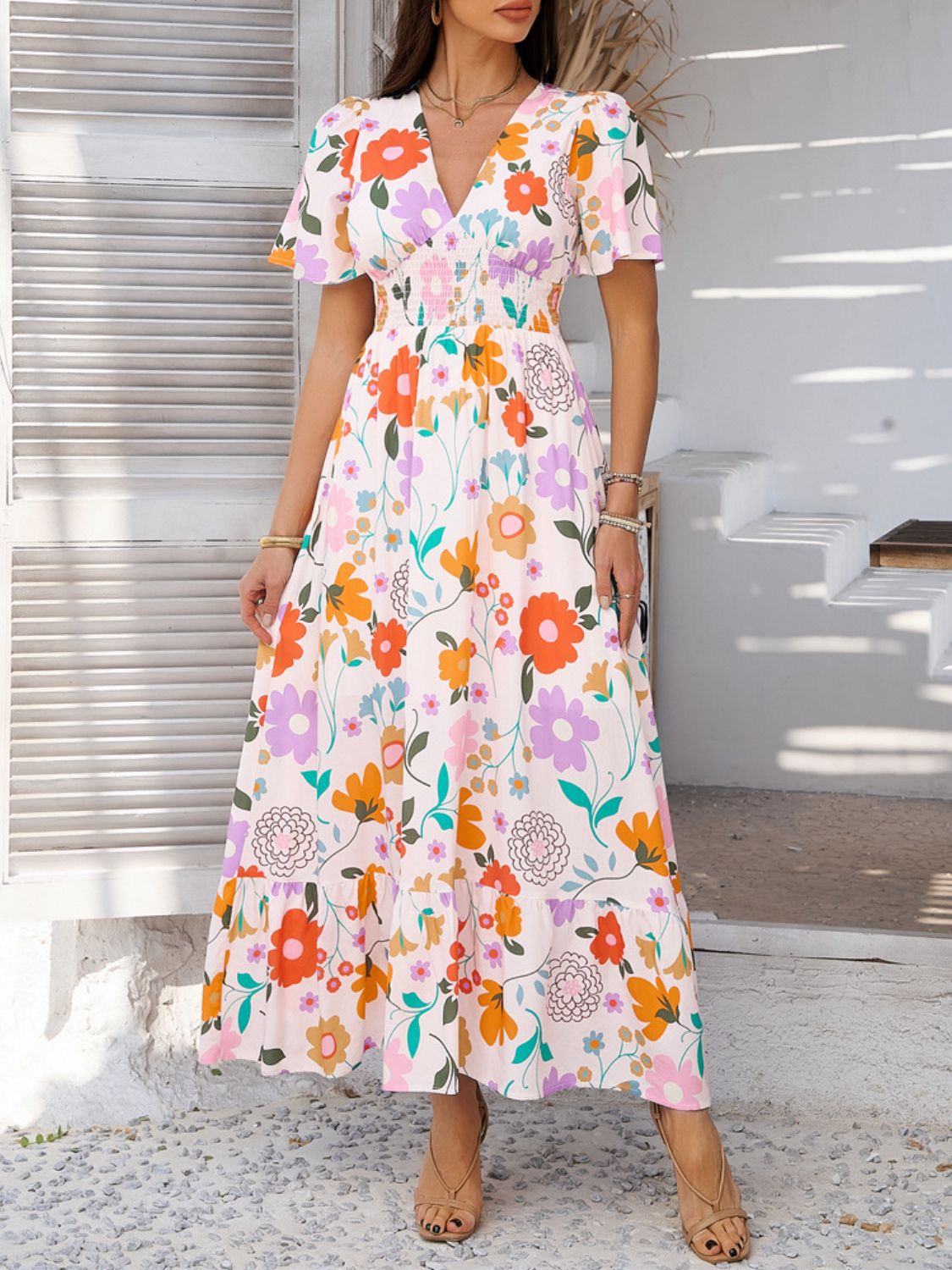 Geometric Tile Print V-Neck Short Sleeve Smocked Waist Ruffle Hem Maxi Dress 16