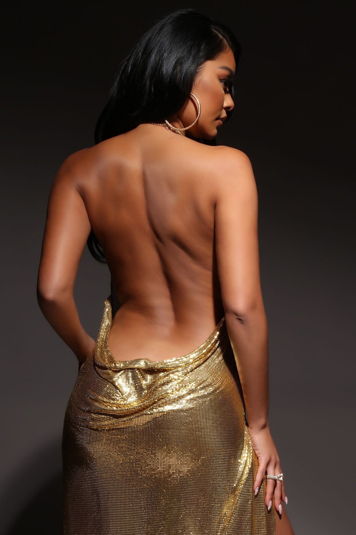 Metal Chainmail Halter Cowl Neck Double High Split Backless Maxi Dress 11