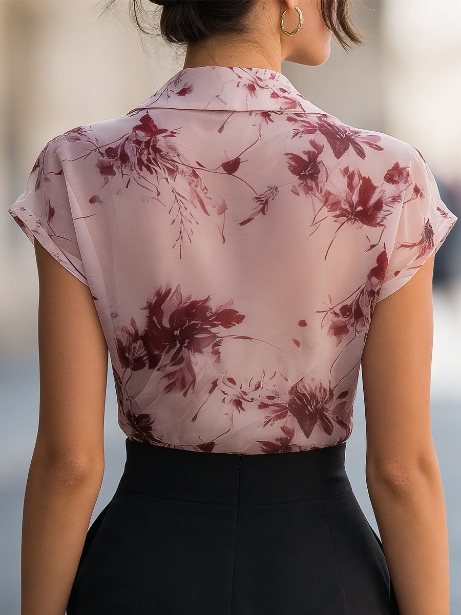 Floral Collared Cap Sleeve Wrap Blouse