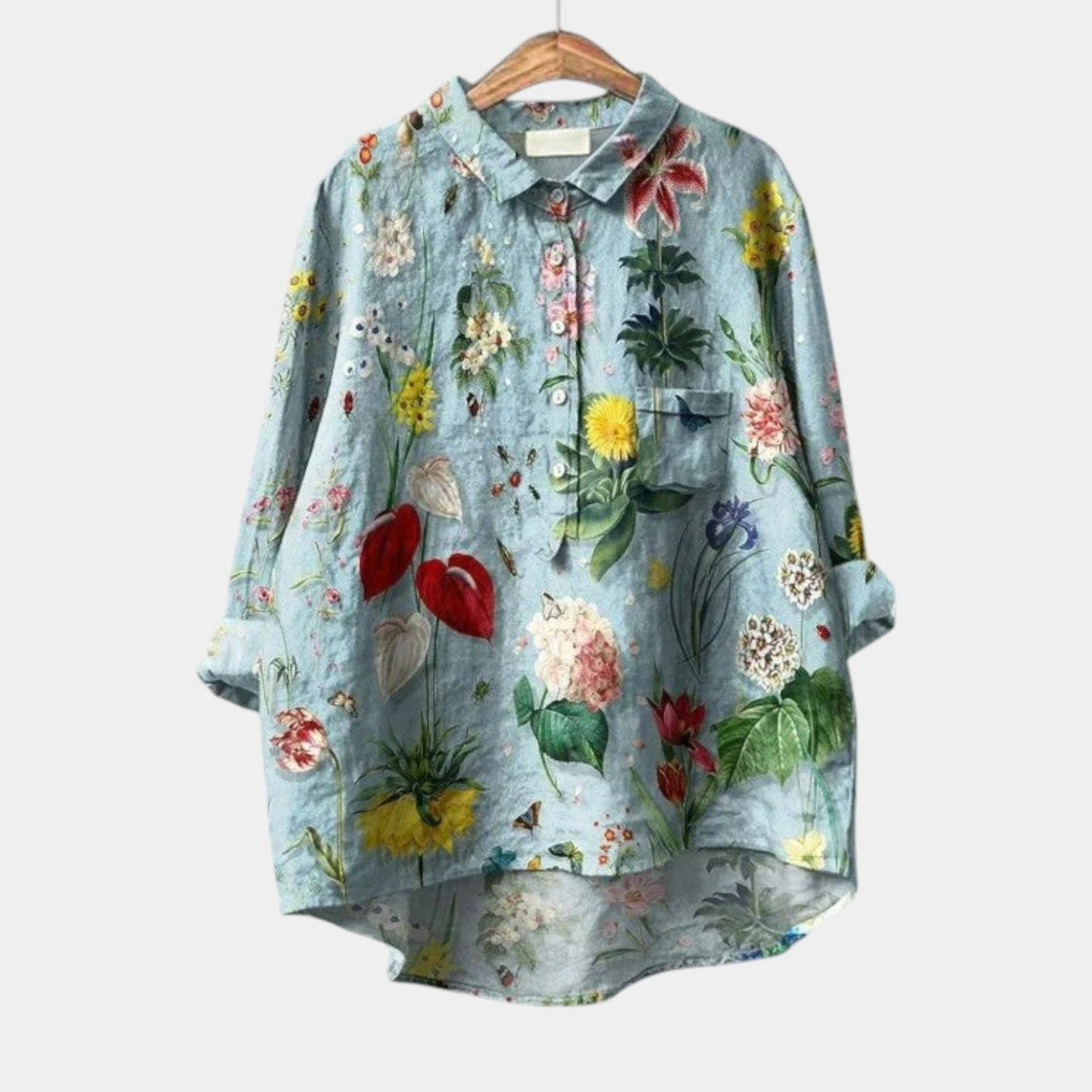 Botanical Floral Print Chest Pocket Long Sleeve Shirt