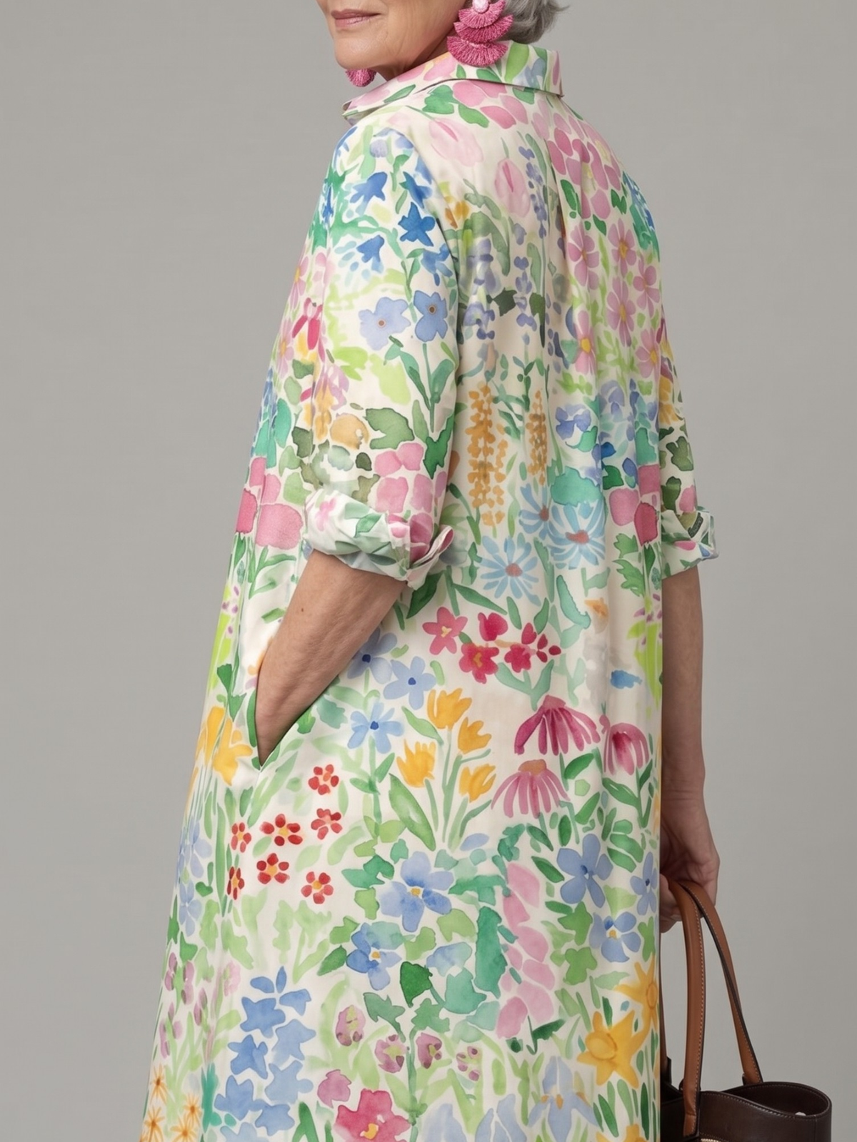 Floral Print Collared Half Sleeve Loose Midi Shirt Dress