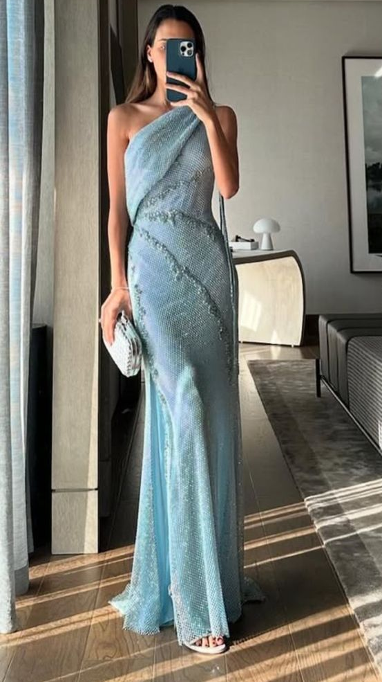 One Shoulder Blue Prom Dress Graduation Dress Birthday Outfit