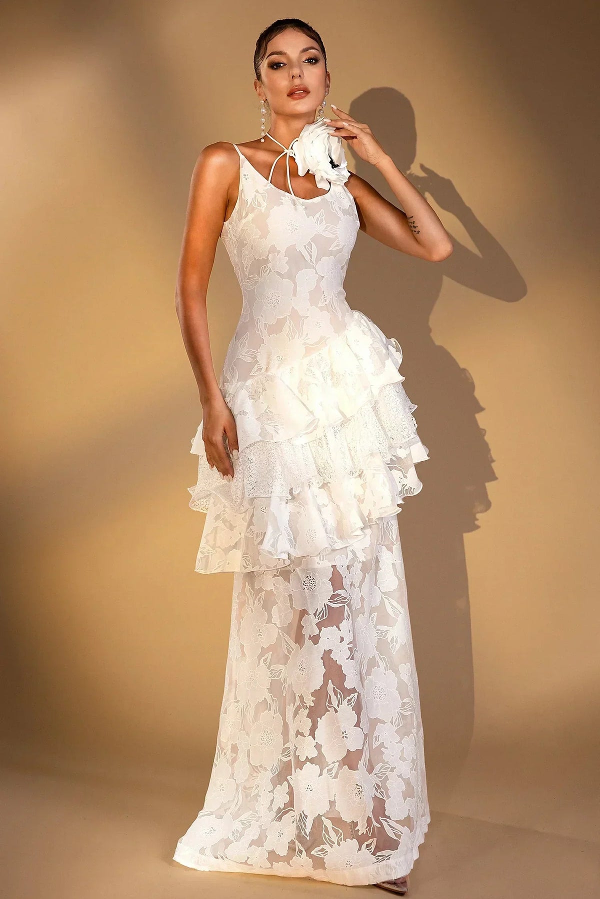 Sheer Floral Jacquard Tiered Ruffle Rosette Detail Maxi Dress