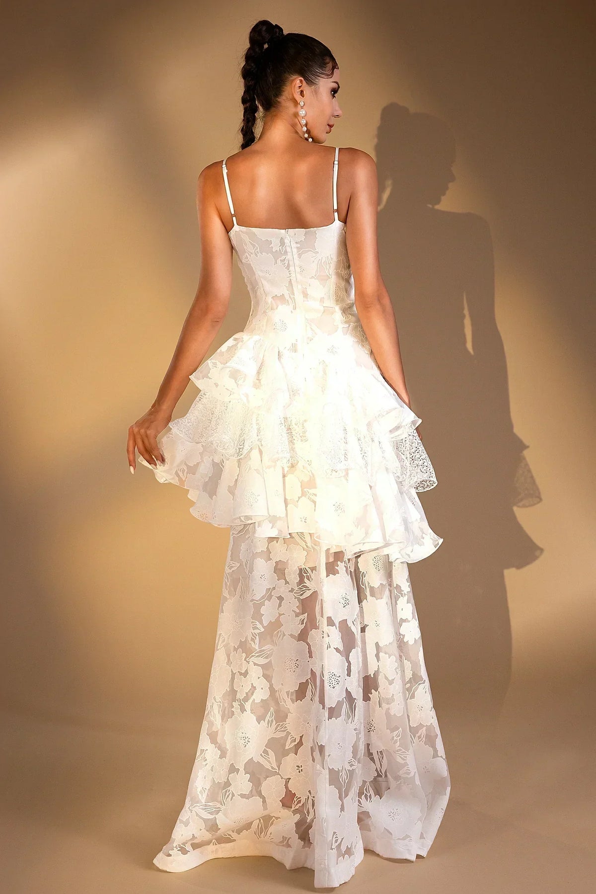 Sheer Floral Jacquard Tiered Ruffle Rosette Detail Maxi Dress 3