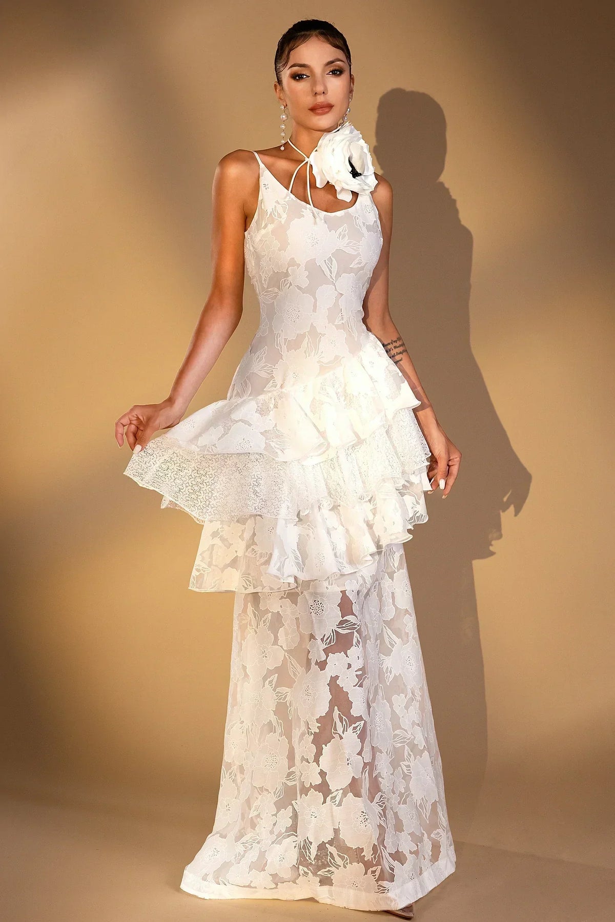 Sheer Floral Jacquard Tiered Ruffle Rosette Detail Maxi Dress 6