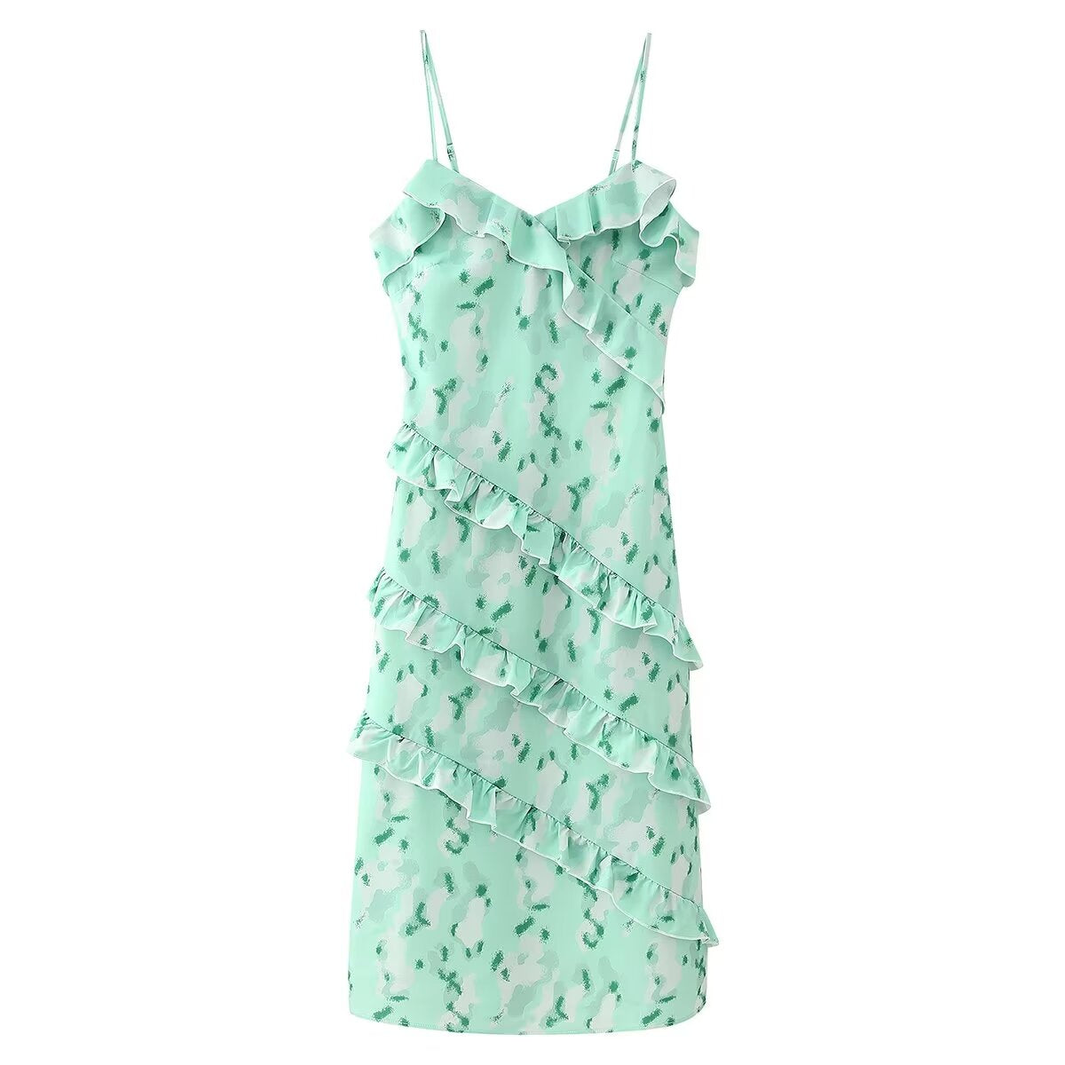 Abstract Print V-Neck Spaghetti Strap Ruffle Trim Maxi Slip Dress 3