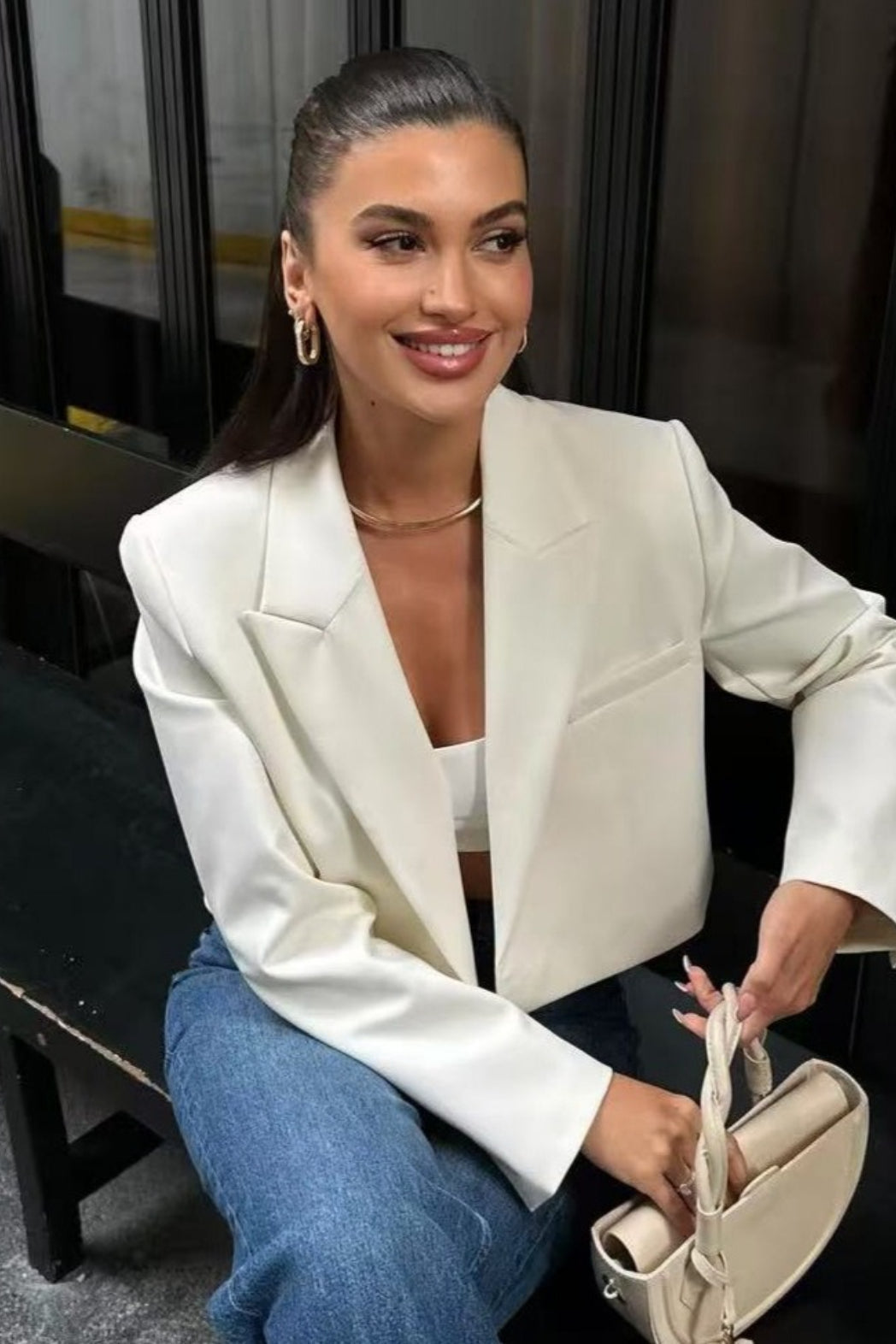 Cropped Open Front Notch Lapel Long Sleeve Blazer 2