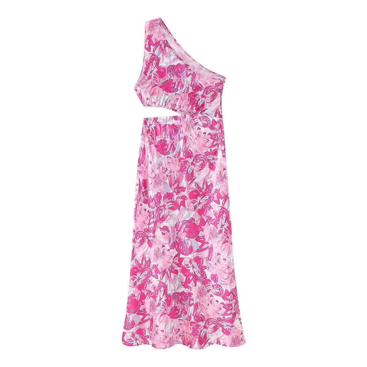 Floral Print Satin One Shoulder Waist Cut Out Split Midi Dress 2
