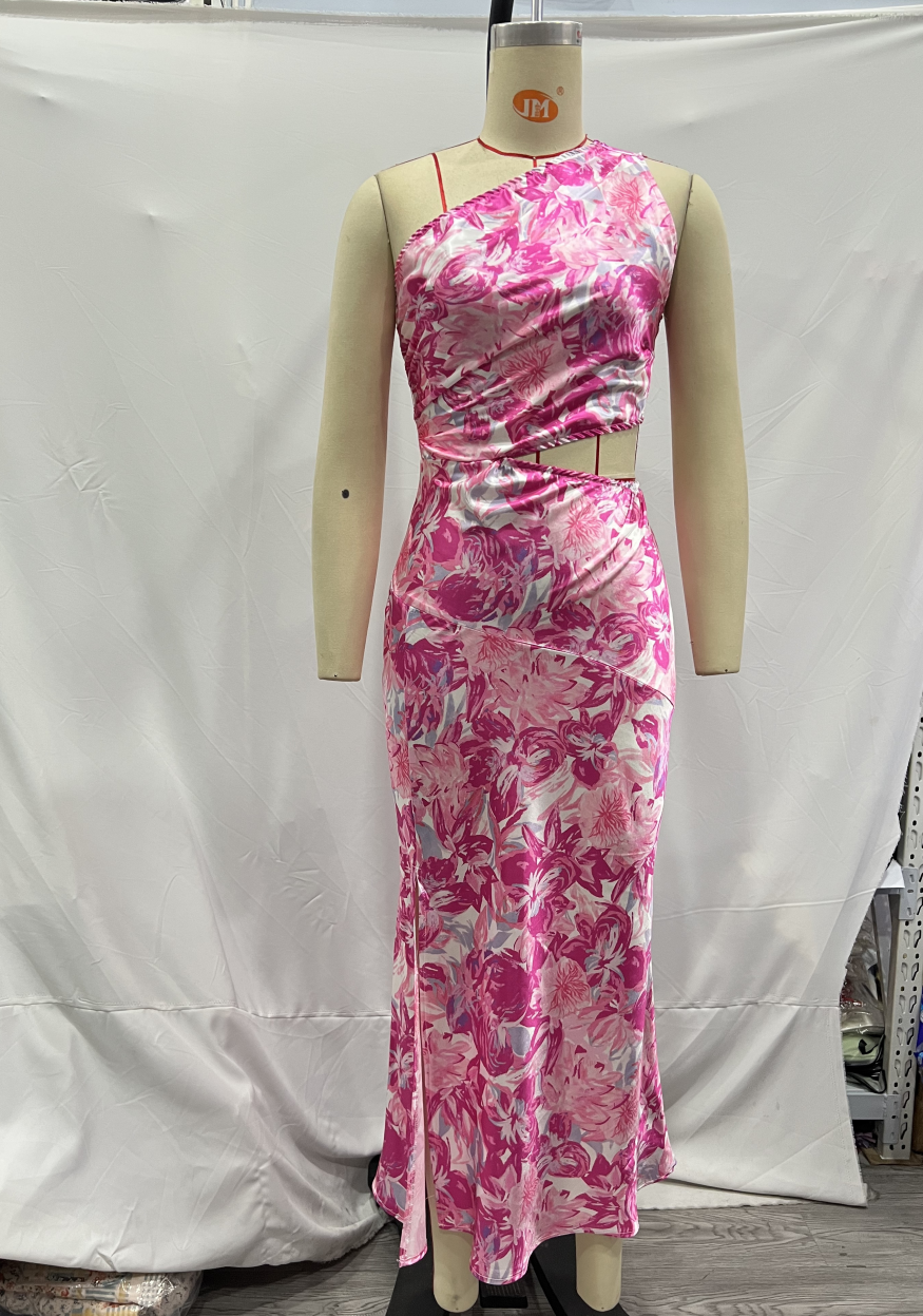 Floral Print Satin One Shoulder Waist Cut Out Split Midi Dress 12