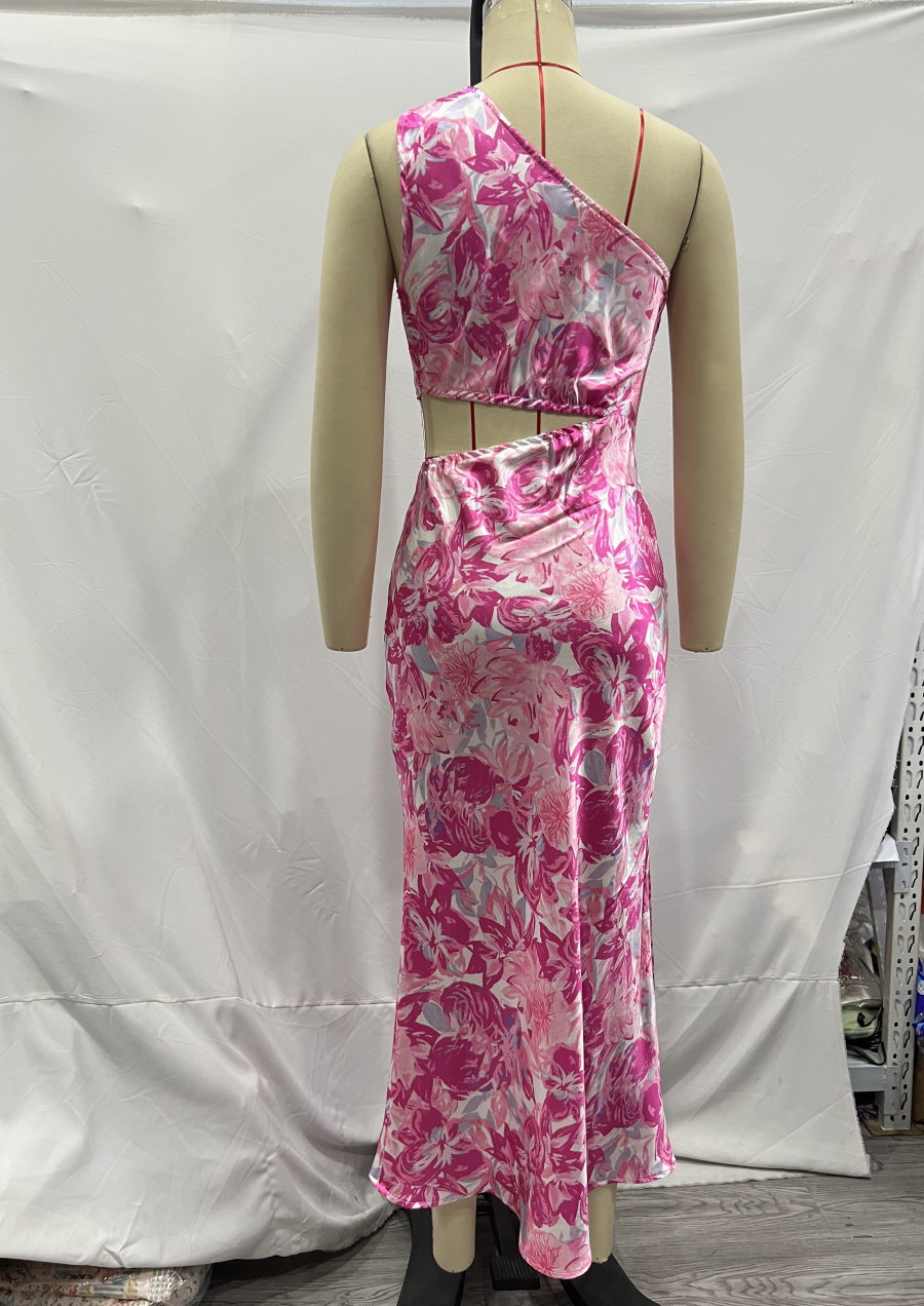Floral Print Satin One Shoulder Waist Cut Out Split Midi Dress 13