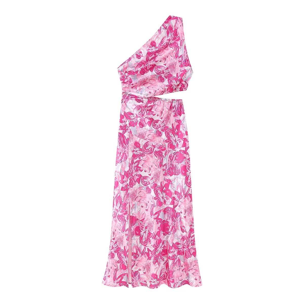 Floral Print Satin One Shoulder Waist Cut Out Split Midi Dress 15