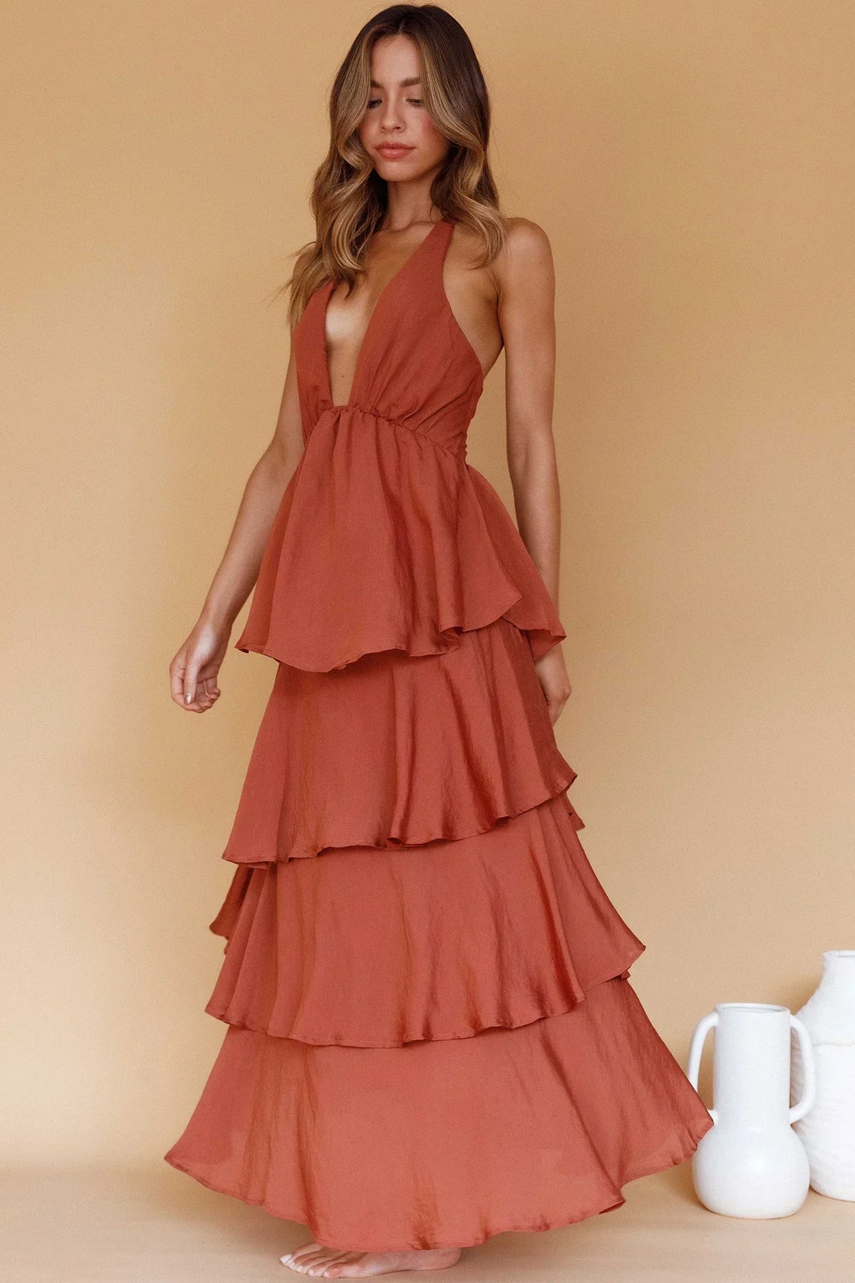 Plunge Halter Neck Tie Back Tiered Ruffle Maxi Dress 6